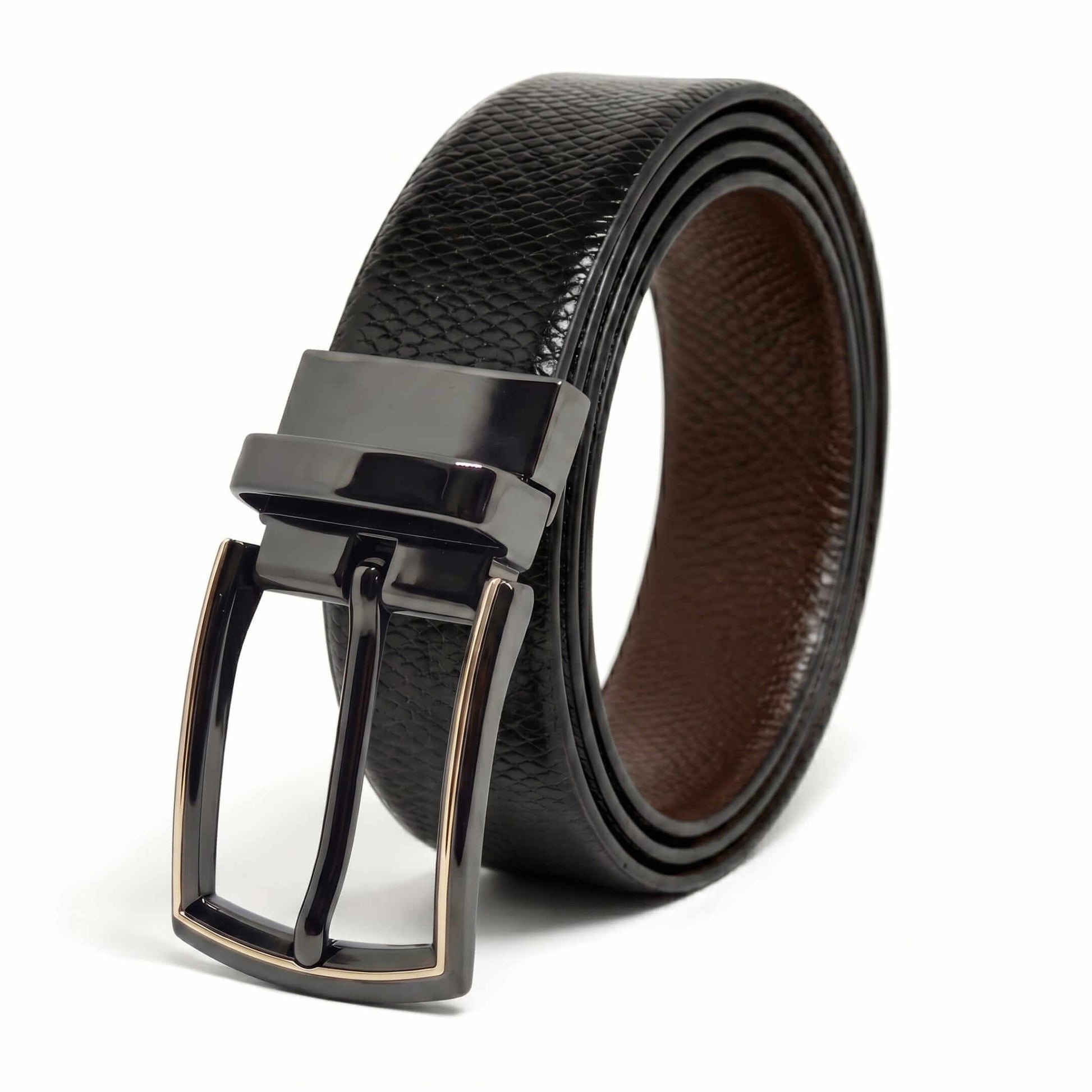 Mens 100% Genuine Leather Belt - REXVA Saffiano Texture, LATCHIX Slim Gunmetal Pin Buckle (Black & Brown Reversible) — Leather Belts for Men | THE MEN THING