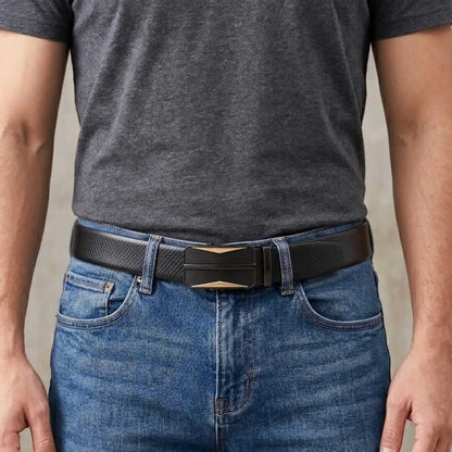 Mens 100% Genuine Leather Belt - REXVA Saffiano Texture, RATCHOR Gold-Accent Auto-Lock Buckle (Black & Brown Reversible) — Leather Belts for Men | THE MEN THING