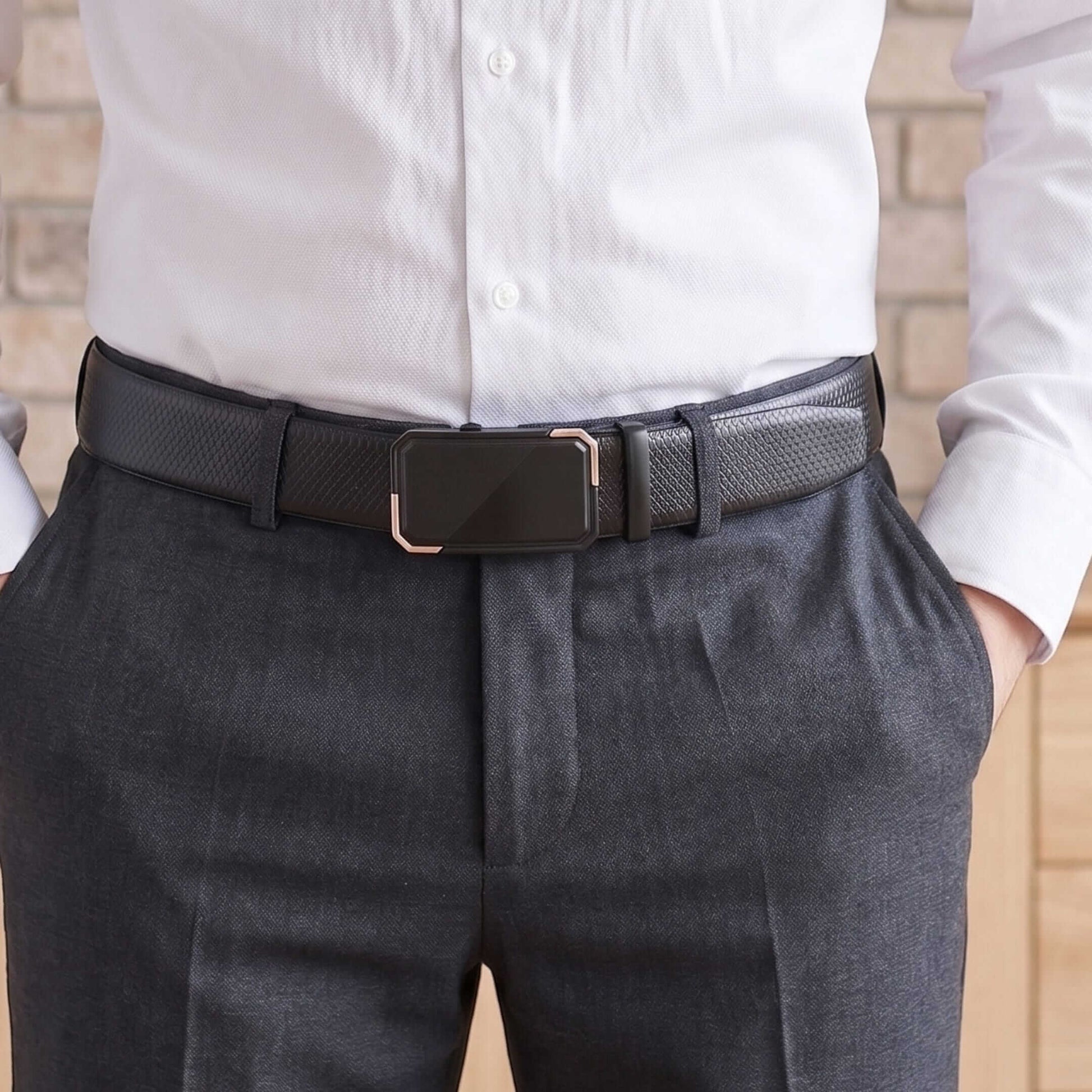 Mens 100% Genuine Leather Belt - REXVA Saffiano Texture, BELVARO Gloss Gold-Frame Auto-Lock Buckle (Black & Brown Reversible) — Leather Belts for Men | THE MEN THING