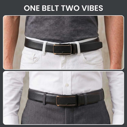 Mens 100% Genuine Leather Belt - REXVA Saffiano Texture, KINGVAR Carbon-Texture Auto-Lock Buckle (Black & Brown Reversible) — Leather Belts for Men | THE MEN THING