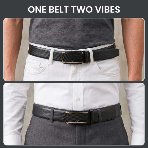 Mens 100% Genuine Leather Belt - REXVA Saffiano Texture, KINGVAR Carbon-Texture Auto-Lock Buckle (Black & Brown Reversible)