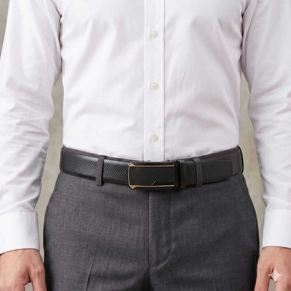 Mens 100% Genuine Leather Belt - REXVA Saffiano Texture, KINGVAR Carbon-Texture Auto-Lock Buckle (Black & Brown Reversible)