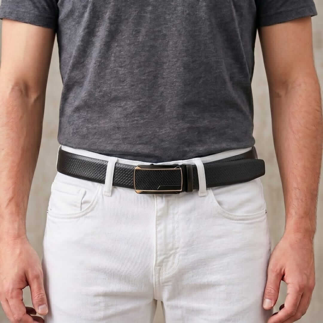 Mens 100% Genuine Leather Belt - REXVA Saffiano Texture, KINGVAR Carbon-Texture Auto-Lock Buckle (Black & Brown Reversible) — Leather Belts for Men | THE MEN THING