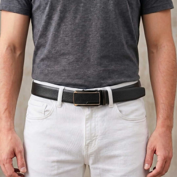 Mens 100% Genuine Leather Belt - REXVA Saffiano Texture, KINGVAR Carbon-Texture Auto-Lock Buckle (Black & Brown Reversible)