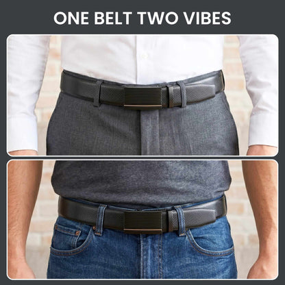 Mens 100% Genuine Leather Belt - REXVA Saffiano Texture, DRAKO Ribbed Auto-Lock Buckle (Black & Brown Reversible) — Leather Belts for Men | THE MEN THING