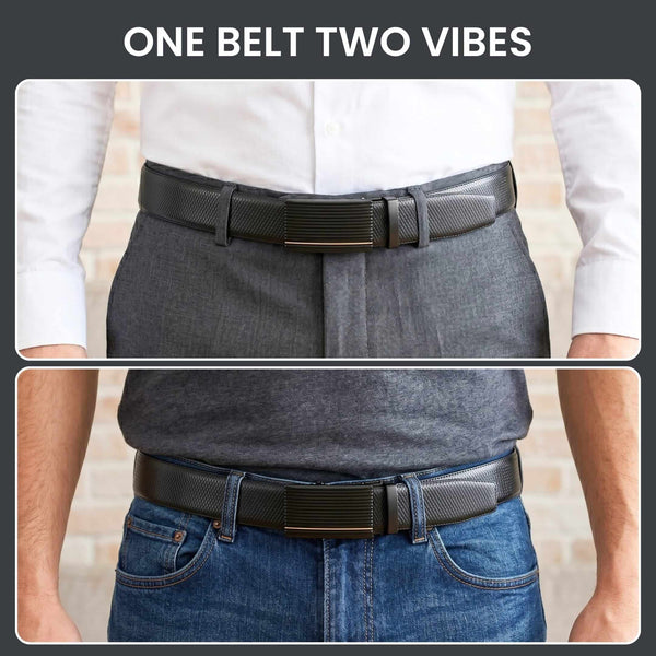 Mens 100% Genuine Leather Belt - REXVA Saffiano Texture, DRAKO Ribbed Auto-Lock Buckle (Black & Brown Reversible)
