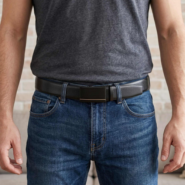 Mens 100% Genuine Leather Belt - REXVA Saffiano Texture, DRAKO Ribbed Auto-Lock Buckle (Black & Brown Reversible)