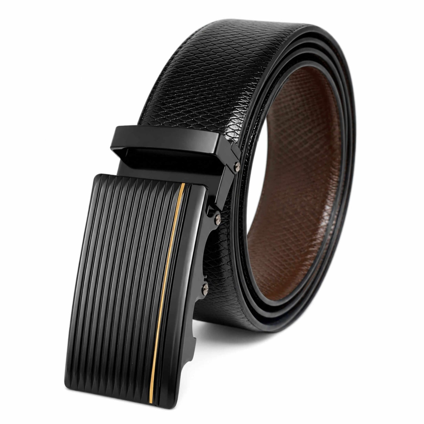Mens 100% Genuine Leather Belt - REXVA Saffiano Texture, DRAKO Ribbed Auto-Lock Buckle (Black & Brown Reversible) — Leather Belts for Men | THE MEN THING