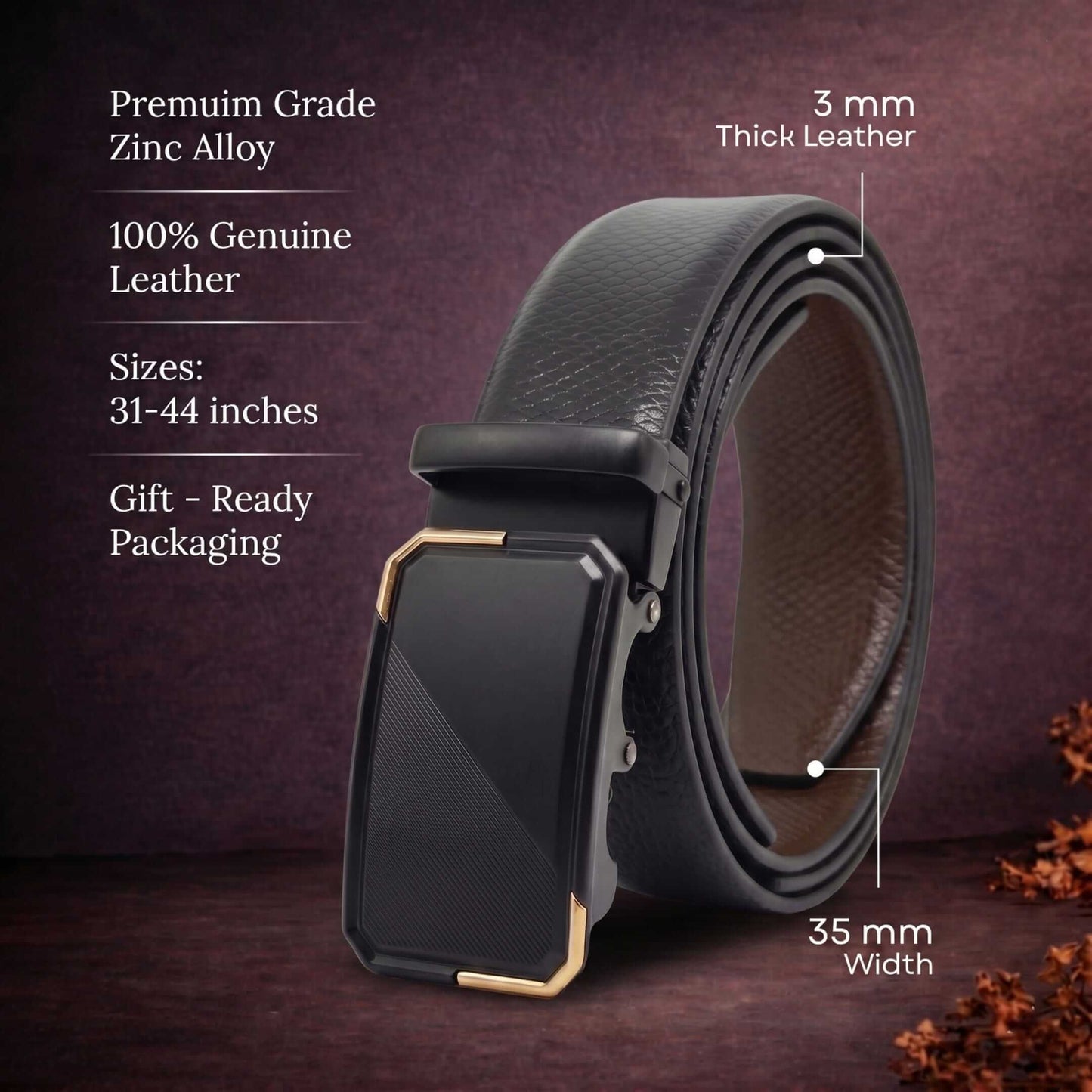 Mens 100% Genuine Leather Belt - REXVA Saffiano Texture, BELVARO Gloss Gold-Frame Auto-Lock Buckle (Black & Brown Reversible) — Leather Belts for Men | THE MEN THING