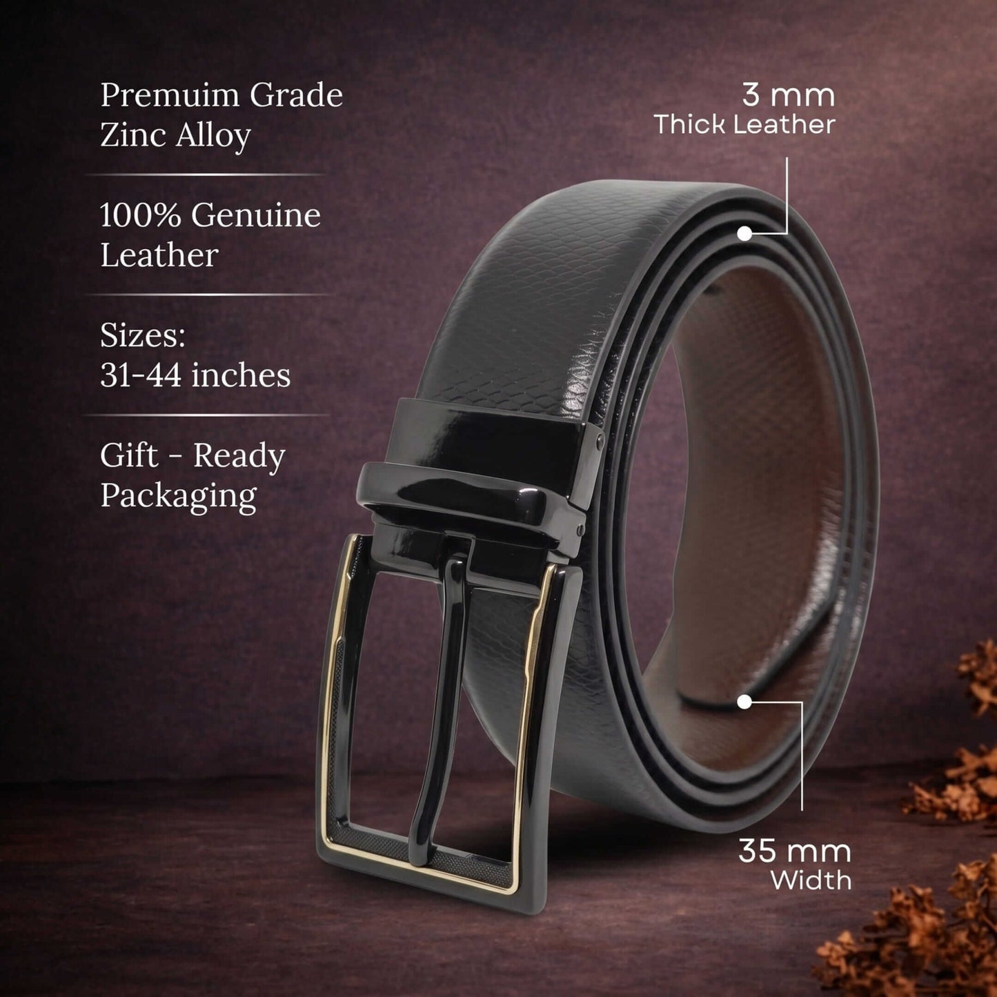 Mens 100% Genuine Leather Belt - REXVA Saffiano Texture, CYRON Gold-Edge Gunmetal Pin Buckle (Black & Brown Reversible) — Leather Belts for Men | THE MEN THING