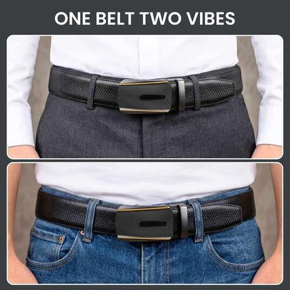 Mens 100% Genuine Leather Belt - REXVA Saffiano Texture, REGALIX Textured Auto-Lock Buckle (Black & Brown Reversible) — Leather Belts for Men | THE MEN THING