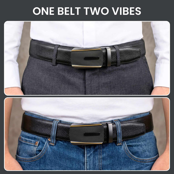 Mens 100% Genuine Leather Belt - REXVA Saffiano Texture, REGALIX Textured Auto-Lock Buckle (Black & Brown Reversible)