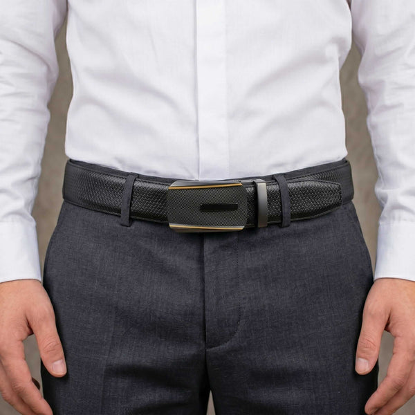 Mens 100% Genuine Leather Belt - REXVA Saffiano Texture, REGALIX Textured Auto-Lock Buckle (Black & Brown Reversible)