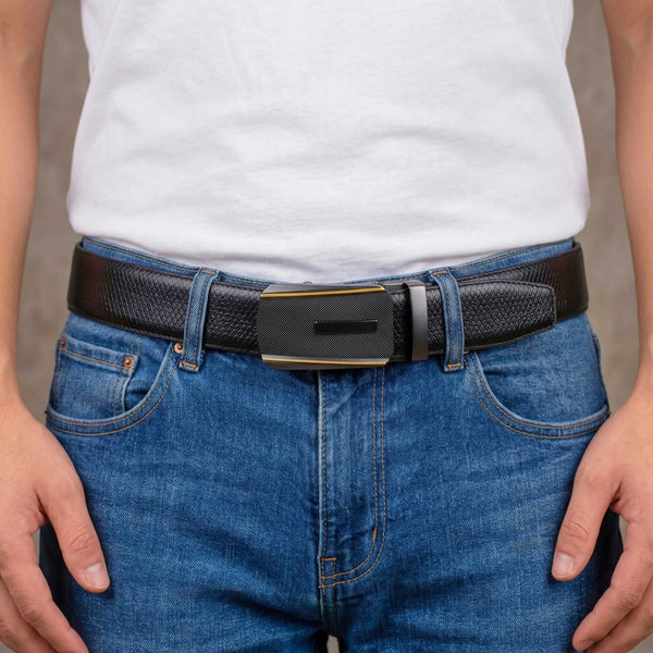 Mens 100% Genuine Leather Belt - REXVA Saffiano Texture, REGALIX Textured Auto-Lock Buckle (Black & Brown Reversible)