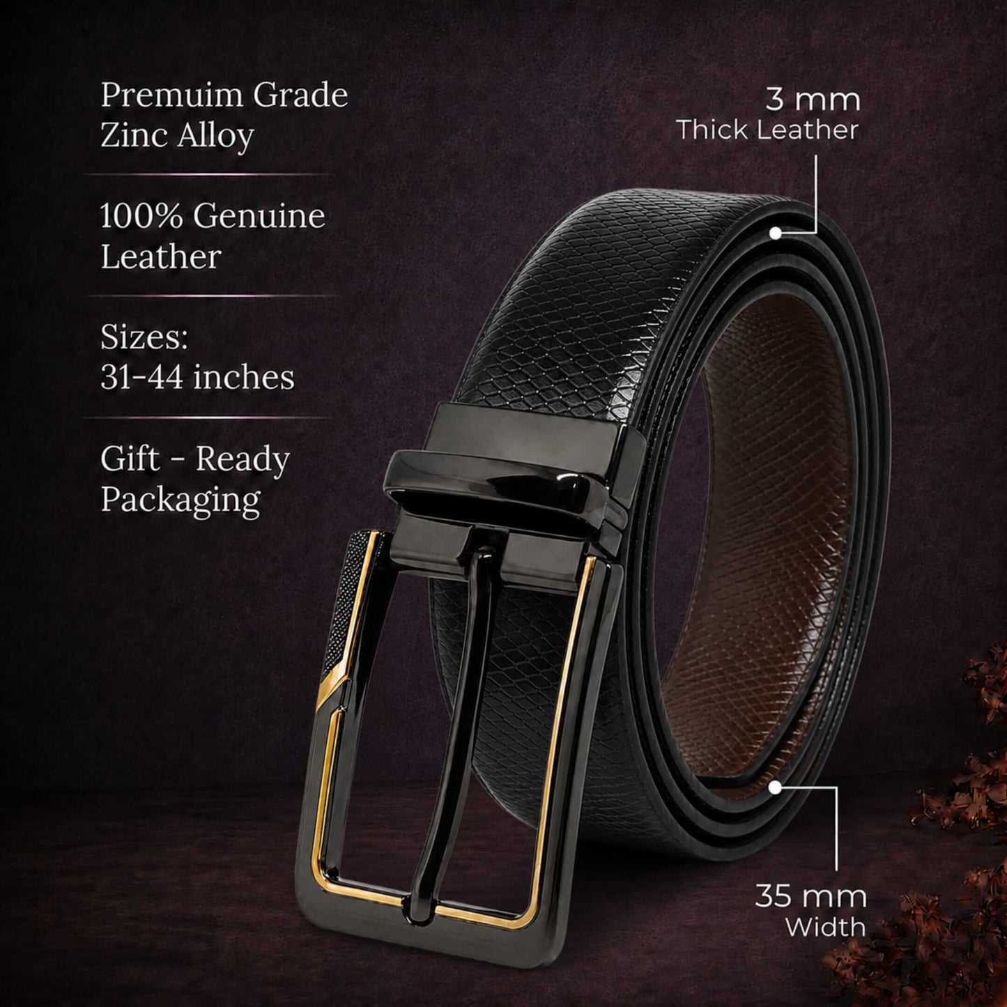 THE MEN THING Leather Belts Mens Genuine Leather Belt | 2 in 1 Reversible (Black & Brown) (1 Pc.) - REXVA -BRAVIX