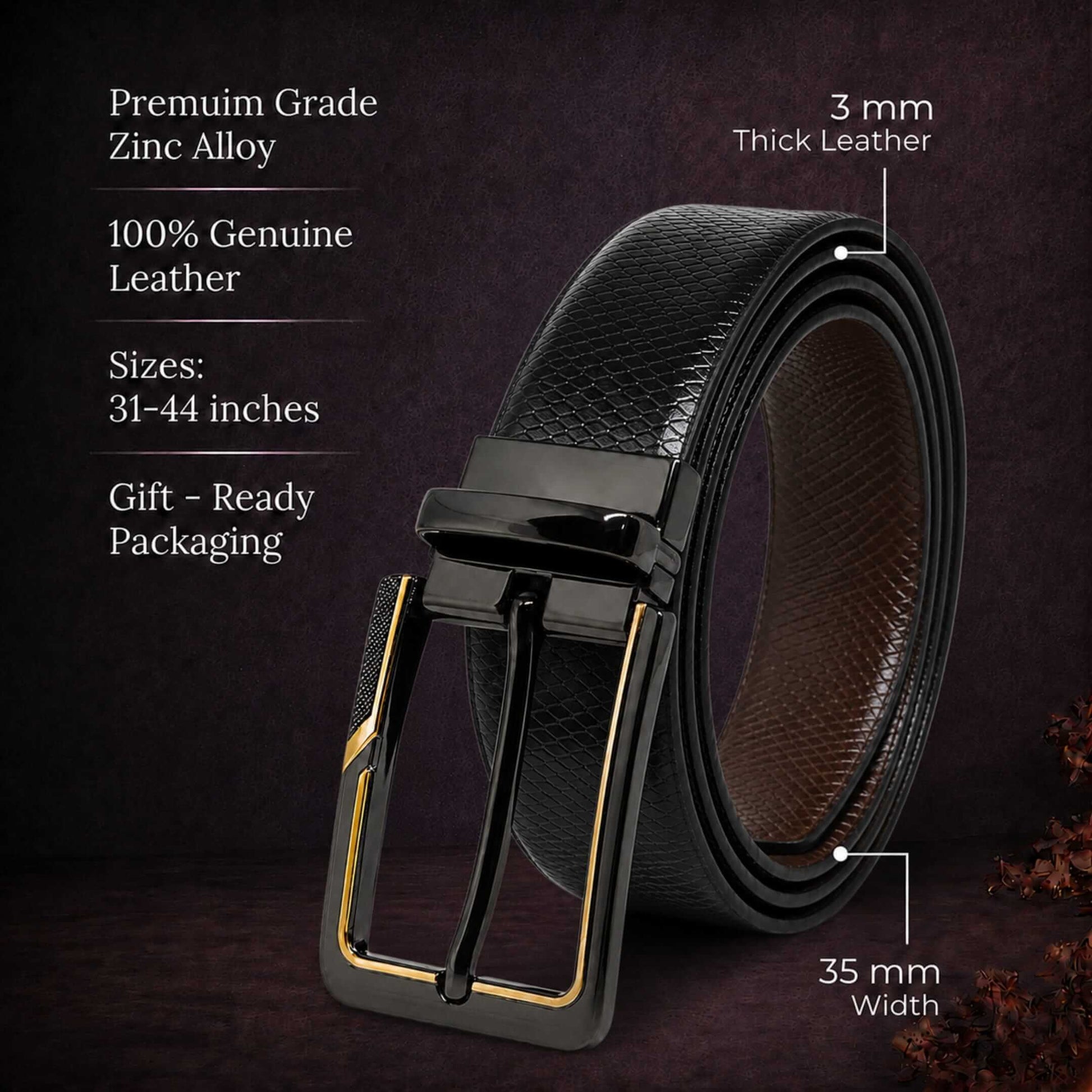 THE MEN THING Leather Belts Mens Genuine Leather Belt | 2 in 1 Reversible (Black & Brown) (1 Pc.) - REXVA -BRAVIX