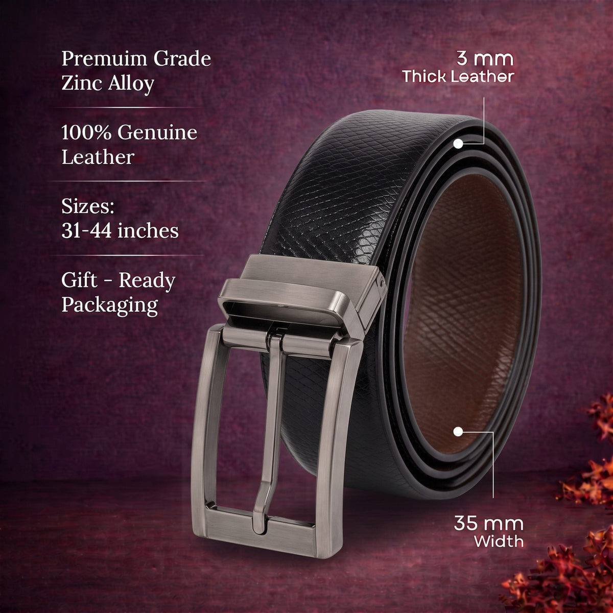 THE MEN THING Leather Belts Mens Genuine Leather Belt | 2 in 1 Reversible (Black & Brown) (1 Pc.) - REXVA -PIVOT