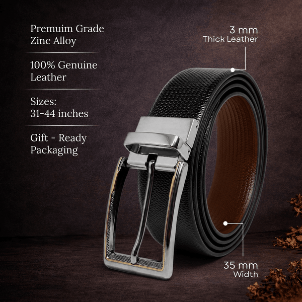 Mens 100% Genuine Leather Belt - SIGNORA Micro-Grain, AXIOM Polished Pin Buckle (Black & Brown Reversible)