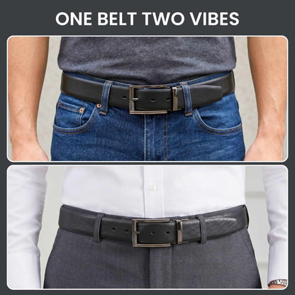 Mens 100% Genuine Leather Belt - SIGNORA Micro-Grain, TORIX Brushed Bronze Pin Buckle (Black & Brown Reversible) — Leather Belts for Men | THE MEN THING