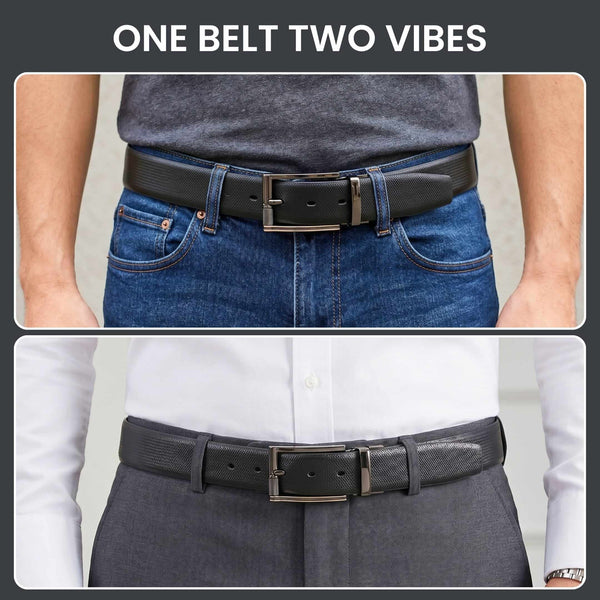 Mens 100% Genuine Leather Belt - SIGNORA Micro-Grain, TORIX Brushed Bronze Pin Buckle (Black & Brown Reversible)