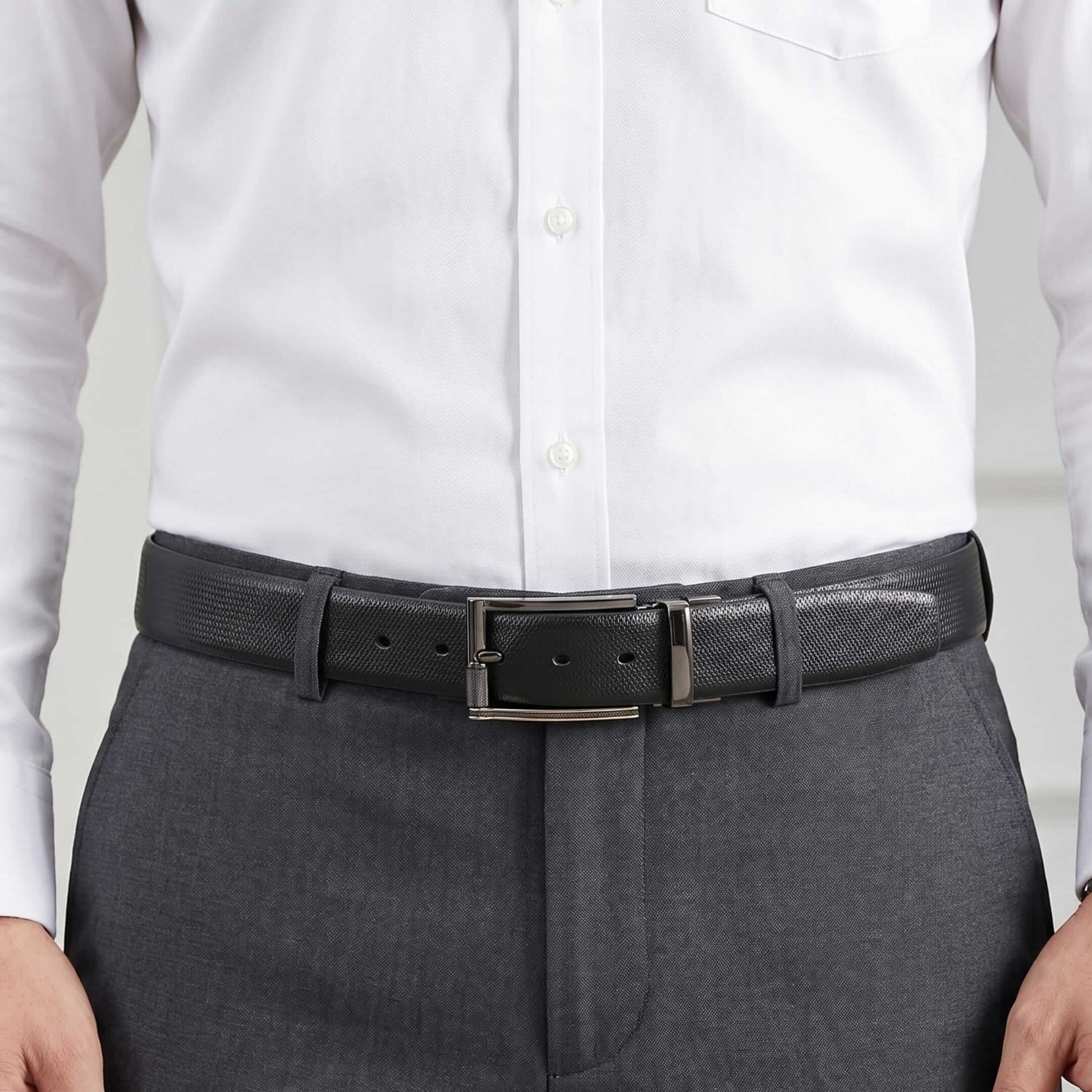 Mens 100% Genuine Leather Belt - SIGNORA Micro-Grain, TORIX Brushed Bronze Pin Buckle (Black & Brown Reversible) — Leather Belts for Men | THE MEN THING