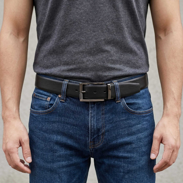 Mens 100% Genuine Leather Belt - SIGNORA Micro-Grain, TORIX Brushed Bronze Pin Buckle (Black & Brown Reversible)