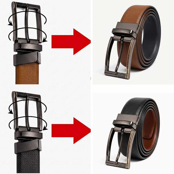 Mens 100% Genuine Leather Belt - SIGNORA Micro-Grain, TORIX Brushed Bronze Pin Buckle (Black & Brown Reversible)