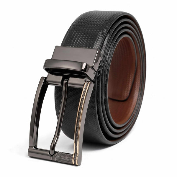 Mens 100% Genuine Leather Belt - SIGNORA Micro-Grain, TORIX Brushed Bronze Pin Buckle (Black & Brown Reversible)