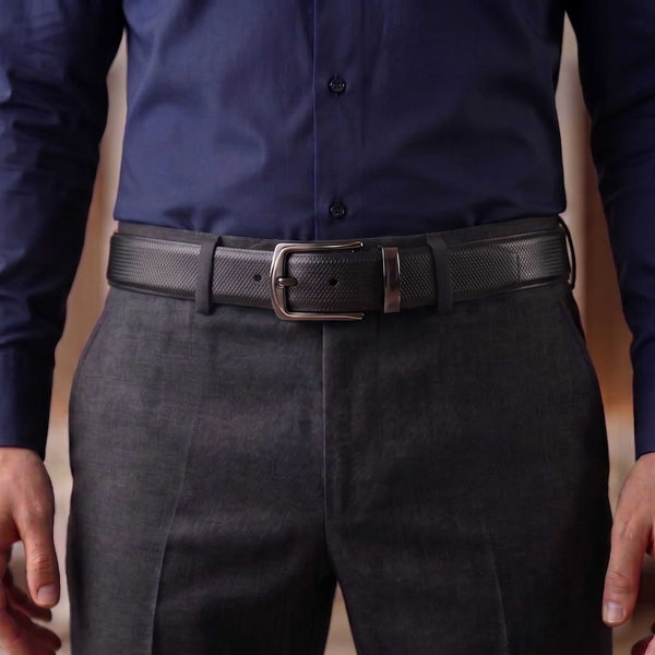 Mens 100% Genuine Leather Belt - SIGNORA Micro-Grain, MORVEX Matte Gunmetal Pin Buckle (Black & Brown Reversible)