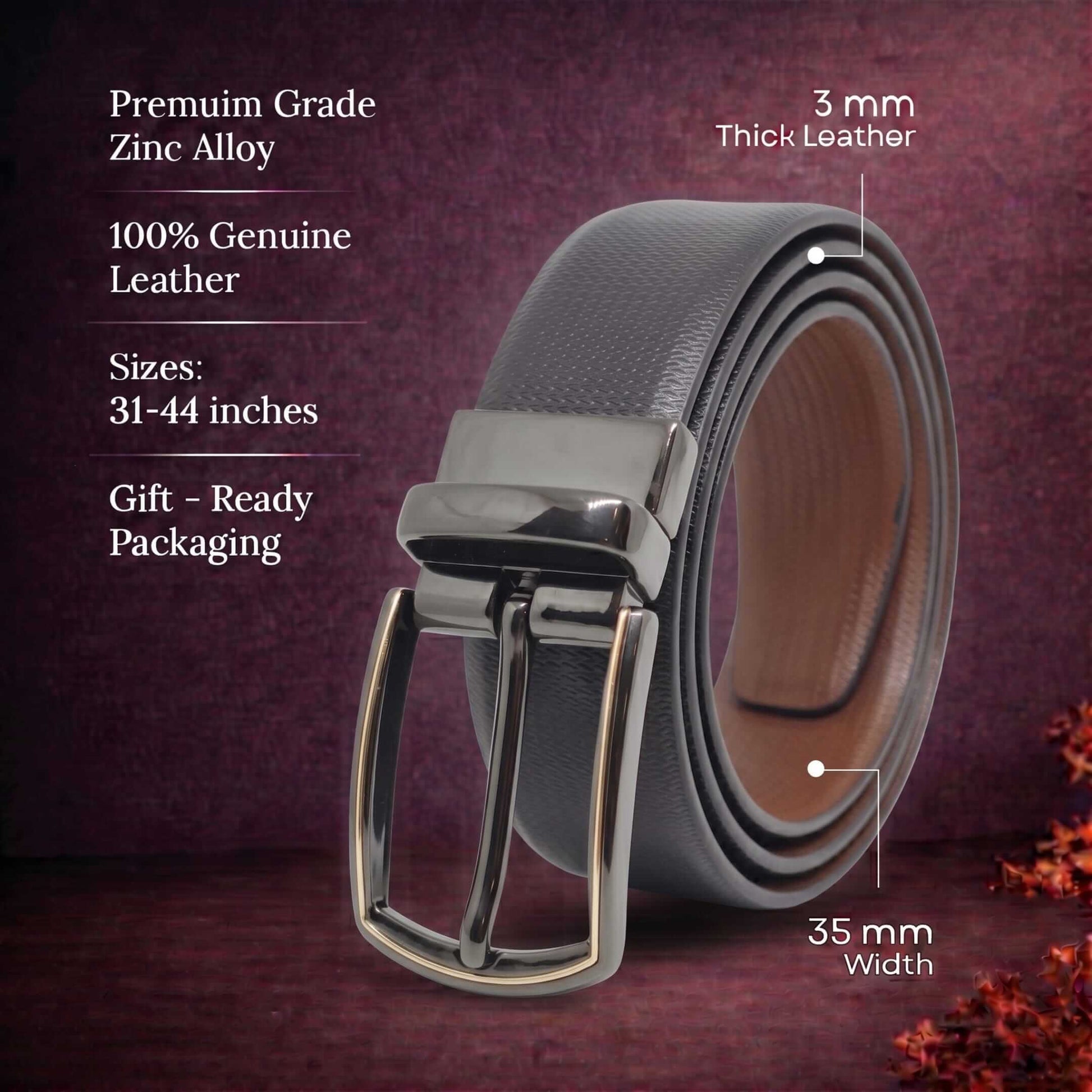 Mens 100% Genuine Leather Belt - SIGNORA Micro-Grain, MORVEX Matte Gunmetal Pin Buckle (Black & Brown Reversible) — Leather Belts for Men | THE MEN THING