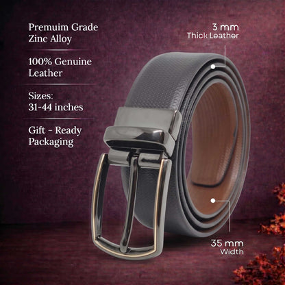 Mens 100% Genuine Leather Belt - SIGNORA Micro-Grain, MORVEX Matte Gunmetal Pin Buckle (Black & Brown Reversible) — Leather Belts for Men | THE MEN THING