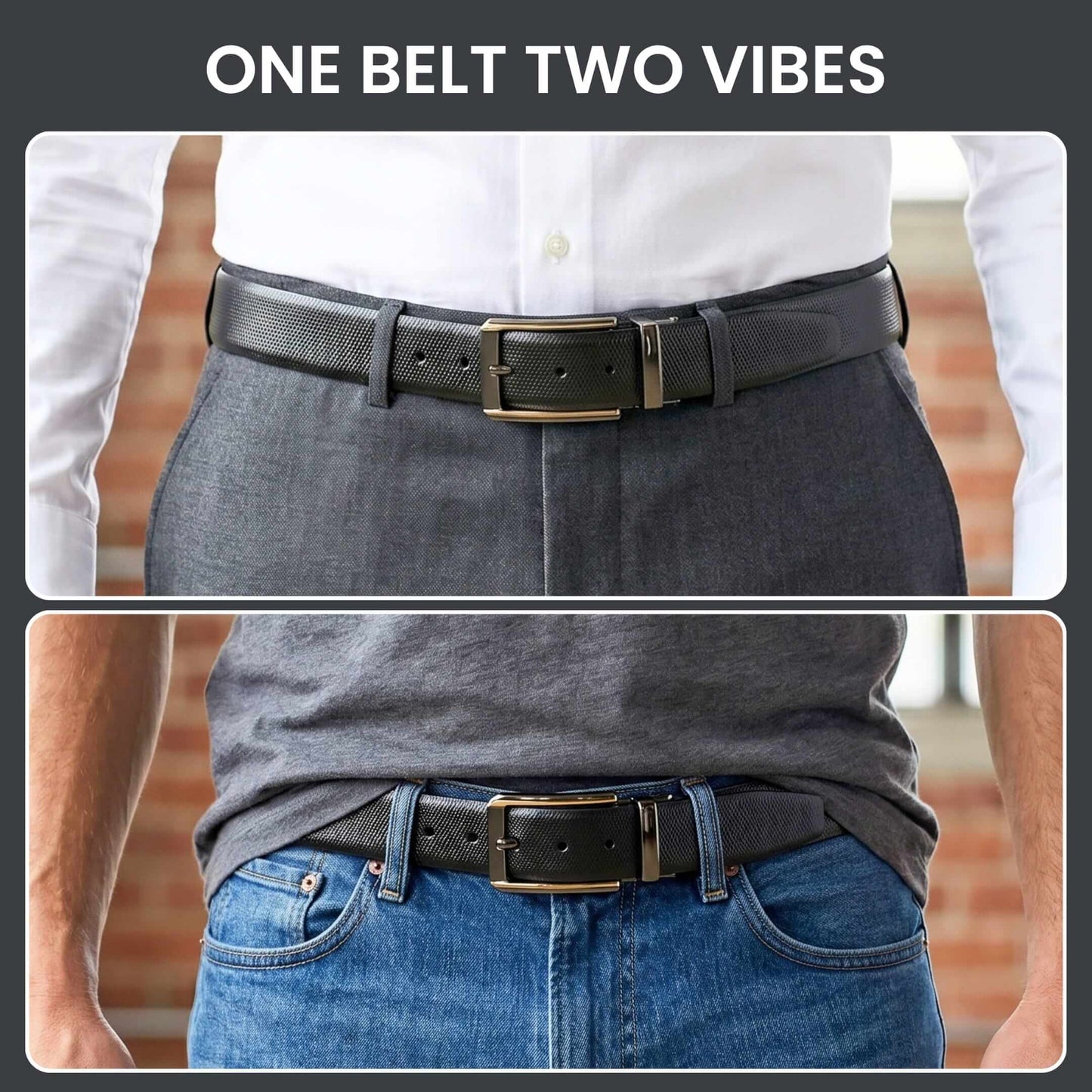 Mens 100% Genuine Leather Belt - SIGNORA Micro-Grain, TORVIK Gold-Border Gunmetal Pin Buckle (Black & Brown Reversible) — Leather Belts for Men | THE MEN THING