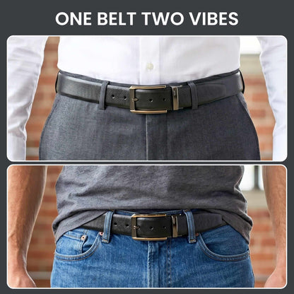 Mens 100% Genuine Leather Belt - SIGNORA Micro-Grain, TORVIK Gold-Border Gunmetal Pin Buckle (Black & Brown Reversible) — Leather Belts for Men | THE MEN THING