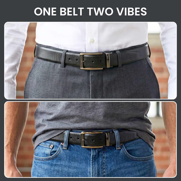 Mens 100% Genuine Leather Belt - SIGNORA Micro-Grain, TORVIK Gold-Border Gunmetal Pin Buckle (Black & Brown Reversible)