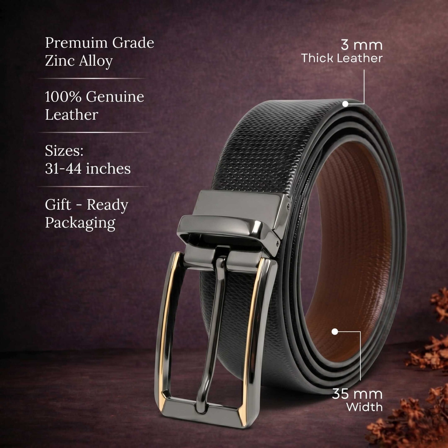 Mens 100% Genuine Leather Belt - SIGNORA Micro-Grain, TORVIK Gold-Border Gunmetal Pin Buckle (Black & Brown Reversible) — Leather Belts for Men | THE MEN THING