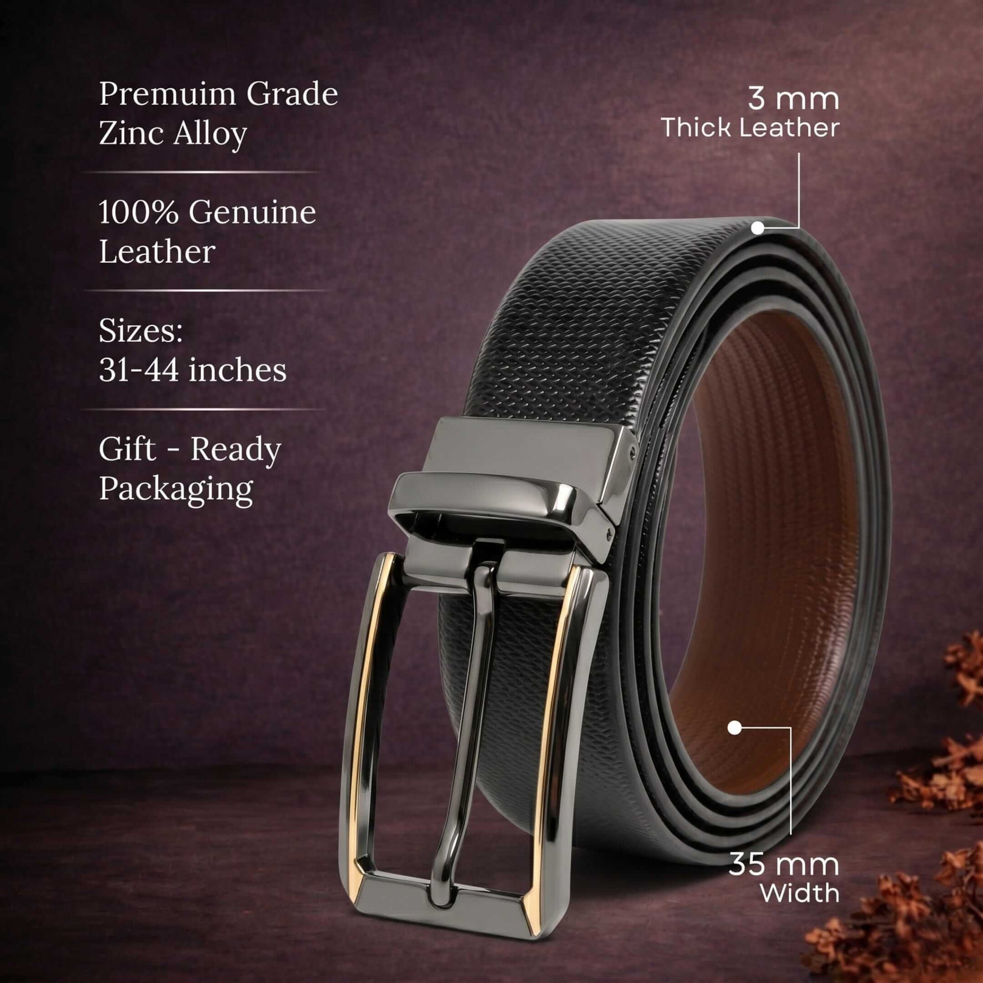 Mens 100% Genuine Leather Belt - SIGNORA Micro-Grain, TORVIK Gold-Border Gunmetal Pin Buckle (Black & Brown Reversible) — Leather Belts for Men | THE MEN THING