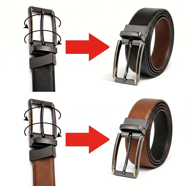 Mens 100% Genuine Leather Belt - SIGNORA Micro-Grain, TORVIK Gold-Border Gunmetal Pin Buckle (Black & Brown Reversible)