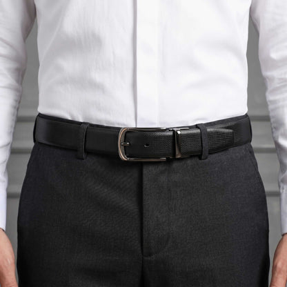 Mens 100% Genuine Leather Belt - SIGNORA Micro-Grain, ARQON Gold-Trim Gunmetal Pin Buckle (Black & Brown Reversible) — Leather Belts for Men | THE MEN THING