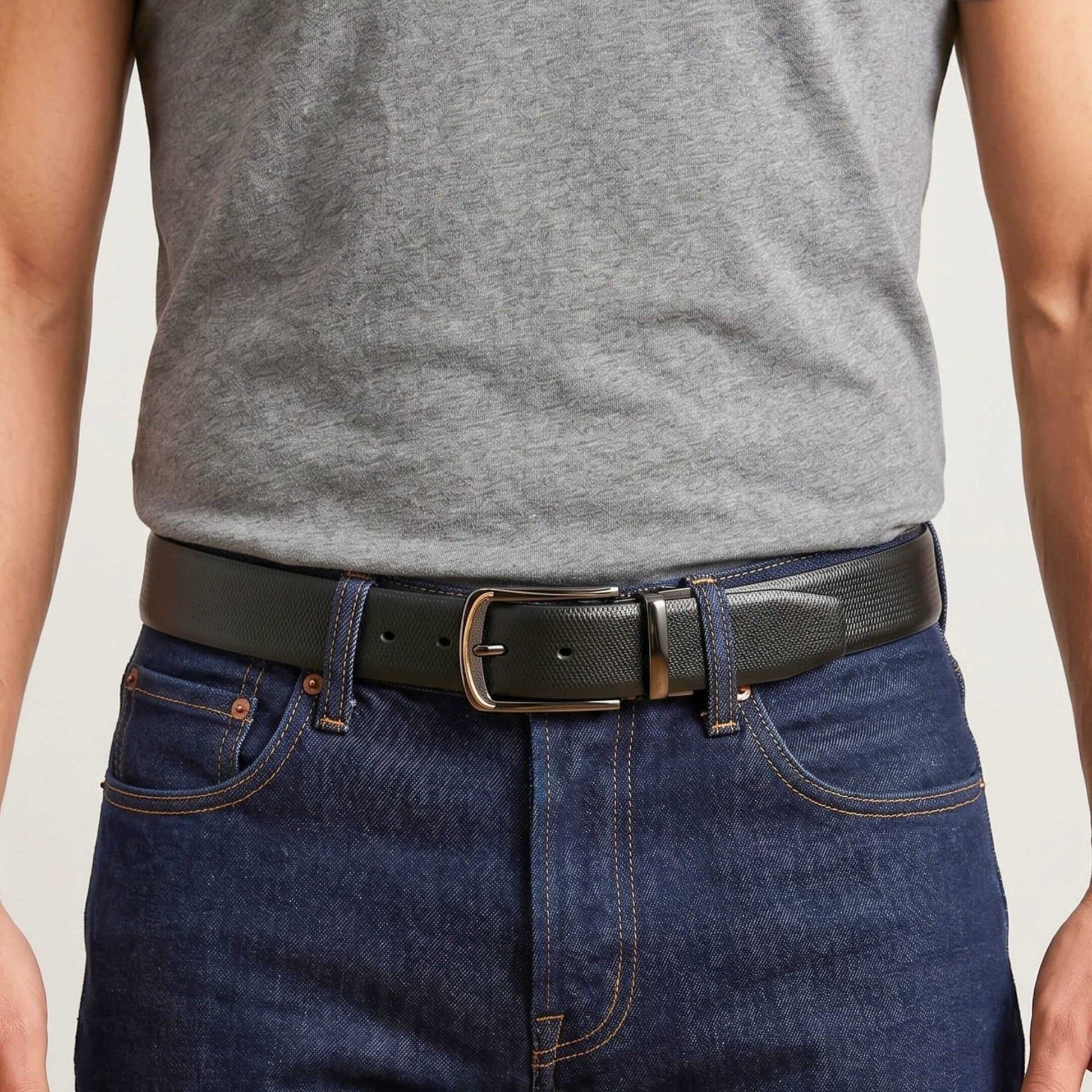 Mens 100% Genuine Leather Belt - SIGNORA Micro-Grain, ARQON Gold-Trim Gunmetal Pin Buckle (Black & Brown Reversible) — Leather Belts for Men | THE MEN THING