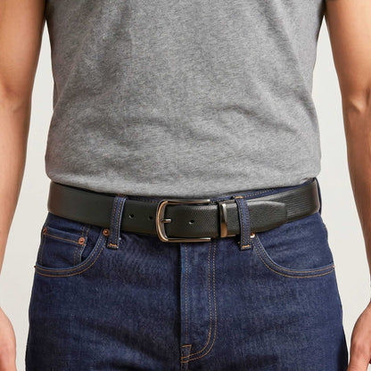 Mens 100% Genuine Leather Belt - SIGNORA Micro-Grain, ARQON Gold-Trim Gunmetal Pin Buckle (Black & Brown Reversible) — Leather Belts for Men | THE MEN THING
