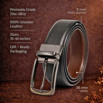 Mens 100% Genuine Leather Belt - SIGNORA Micro-Grain, ARQON Gold-Trim Gunmetal Pin Buckle (Black & Brown Reversible) — Leather Belts for Men | THE MEN THING