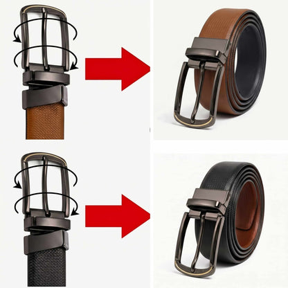 Mens 100% Genuine Leather Belt - SIGNORA Micro-Grain, ARQON Gold-Trim Gunmetal Pin Buckle (Black & Brown Reversible) — Leather Belts for Men | THE MEN THING