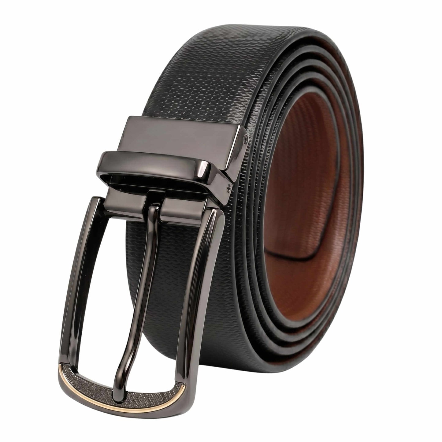 Mens 100% Genuine Leather Belt - SIGNORA Micro-Grain, ARQON Gold-Trim Gunmetal Pin Buckle (Black & Brown Reversible) — Leather Belts for Men | THE MEN THING
