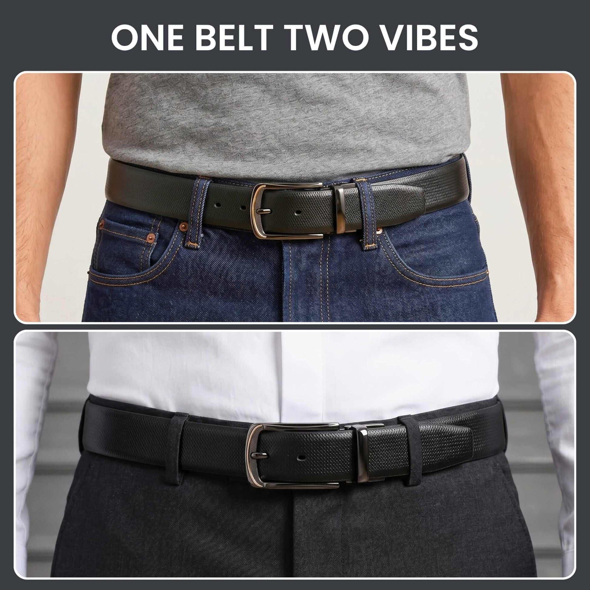 Mens 100% Genuine Leather Belt - SIGNORA Micro-Grain, ARQON Gold-Trim Gunmetal Pin Buckle (Black & Brown Reversible) — Leather Belts for Men | THE MEN THING