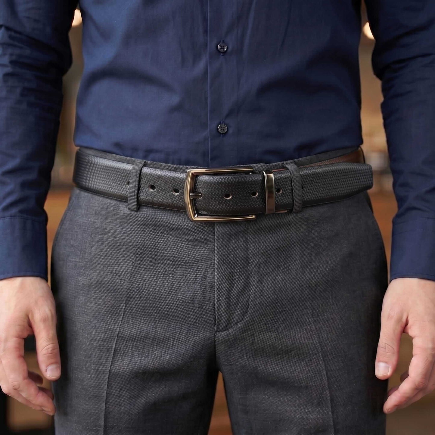 Mens 100% Genuine Leather Belt - SIGNORA Micro-Grain, LATCHIX Slim Gunmetal Pin Buckle (Black & Brown Reversible) — Leather Belts for Men | THE MEN THING