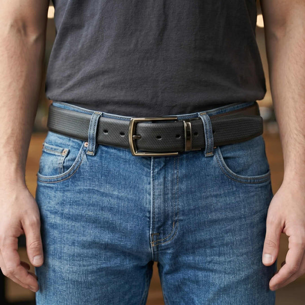 Mens 100% Genuine Leather Belt - SIGNORA Micro-Grain, LATCHIX Slim Gunmetal Pin Buckle (Black & Brown Reversible)