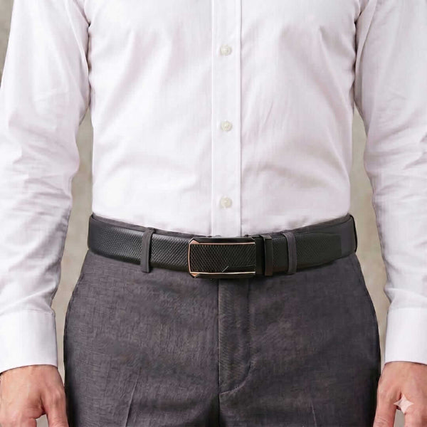 Mens 100% Genuine Leather Belt - SIGNORA Micro-Grain, KINGVAR Carbon-Texture Auto-Lock Buckle (Black & Brown Reversible)