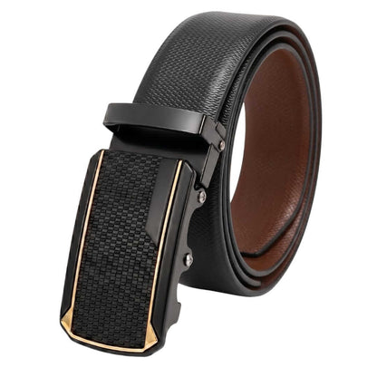 Mens 100% Genuine Leather Belt - SIGNORA Micro-Grain, KINGVAR Carbon-Texture Auto-Lock Buckle (Black & Brown Reversible) — Leather Belts for Men | THE MEN THING
