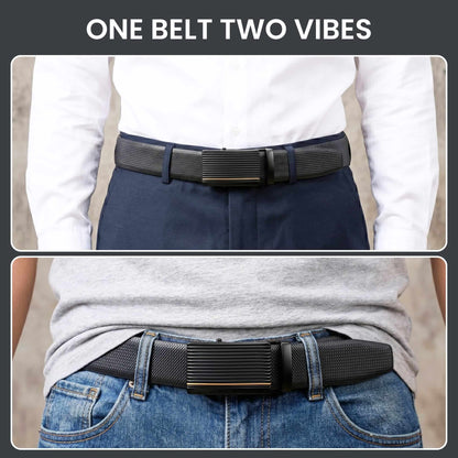 Mens 100% Genuine Leather Belt - SIGNORA Micro-Grain, DRAKO Ribbed Auto-Lock Buckle (Black & Brown Reversible) — Leather Belts for Men | THE MEN THING