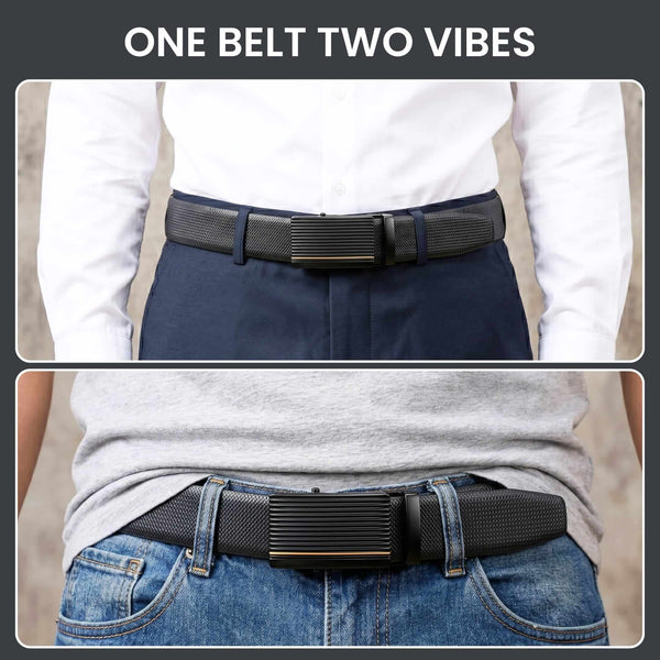 Mens 100% Genuine Leather Belt - SIGNORA Micro-Grain, DRAKO Ribbed Auto-Lock Buckle (Black & Brown Reversible)